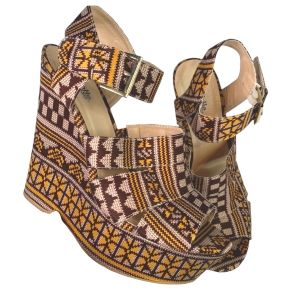 6" Wedge Heel PlatformPeep Toe Ankle Strap Sandals Y2k Geometric Print Size 10